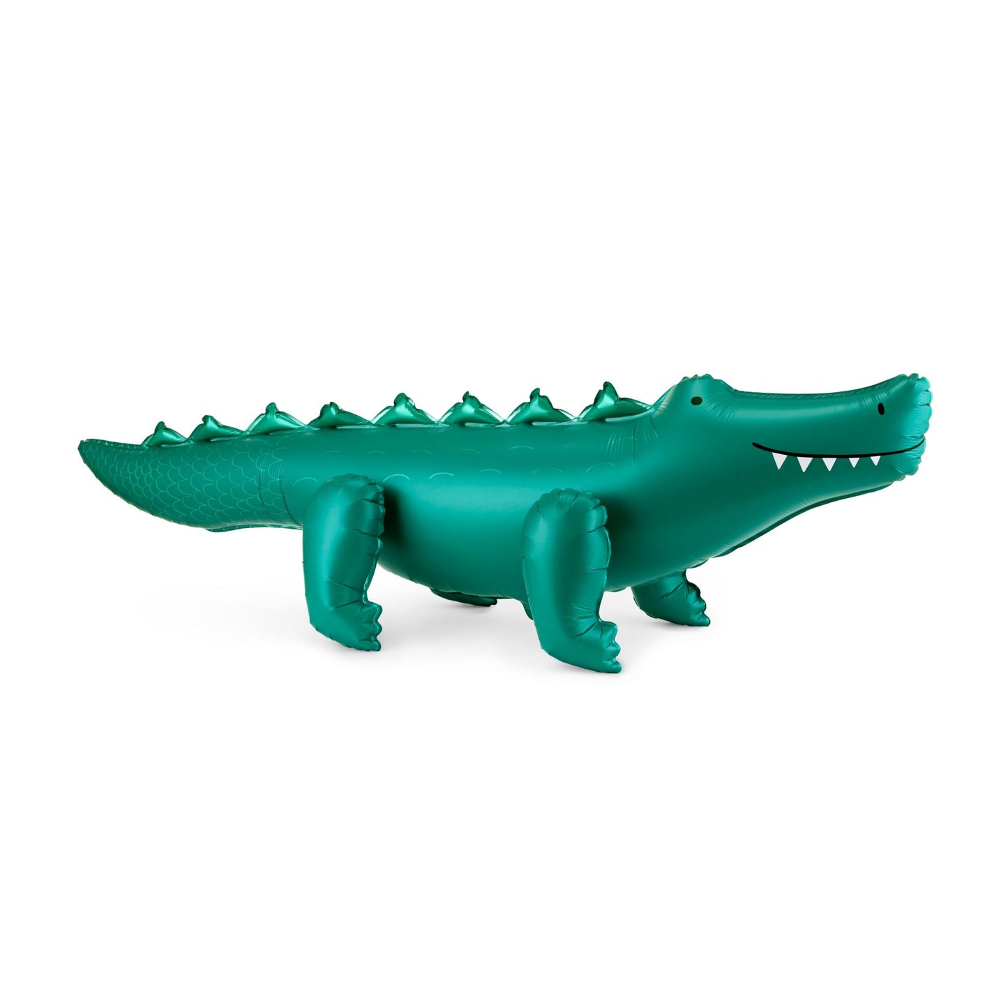 Green inflatable alligator balloon on a white background
