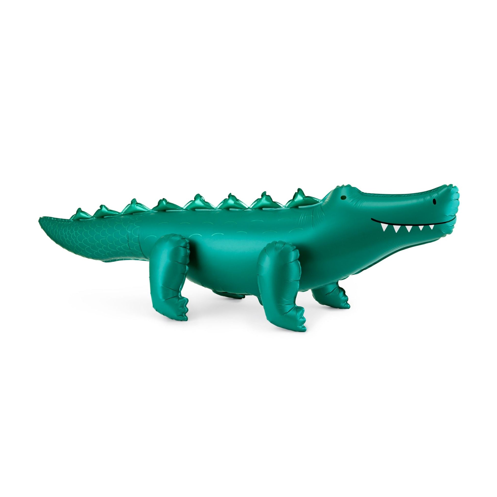 Green inflatable alligator balloon on a white background