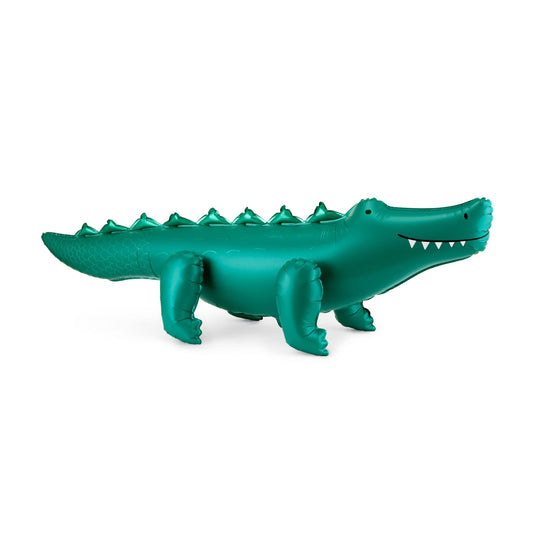 Green inflatable alligator balloon on a white background