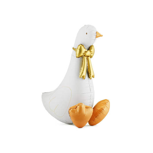 White goose-shaped balloon with a gold bow and feet on a white background