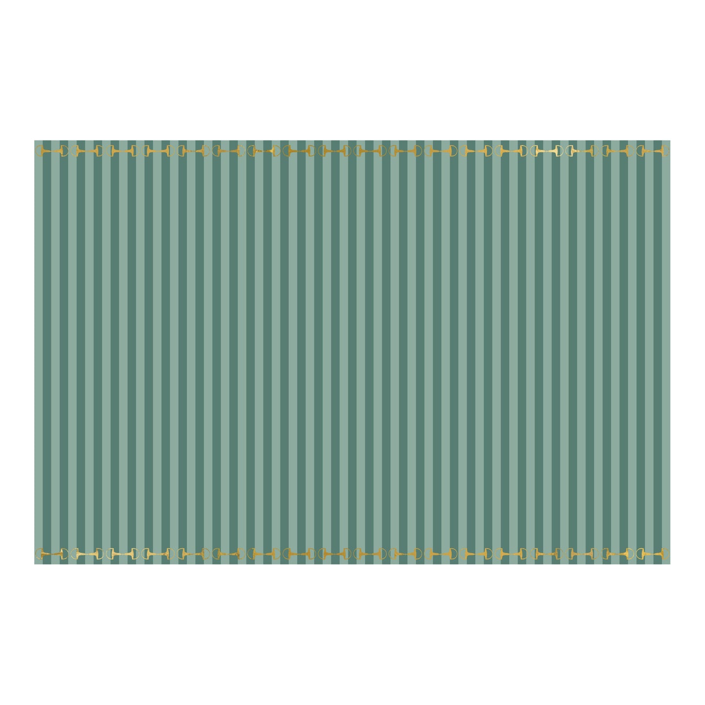Green striped tblecloth with gold stirrups on a white background