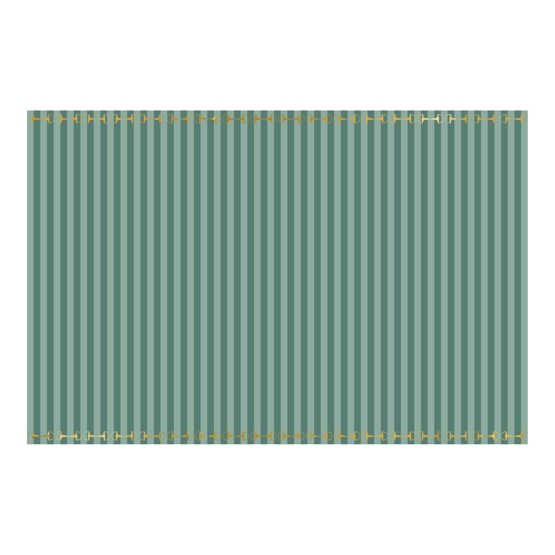 Green striped tblecloth with gold stirrups on a white background
