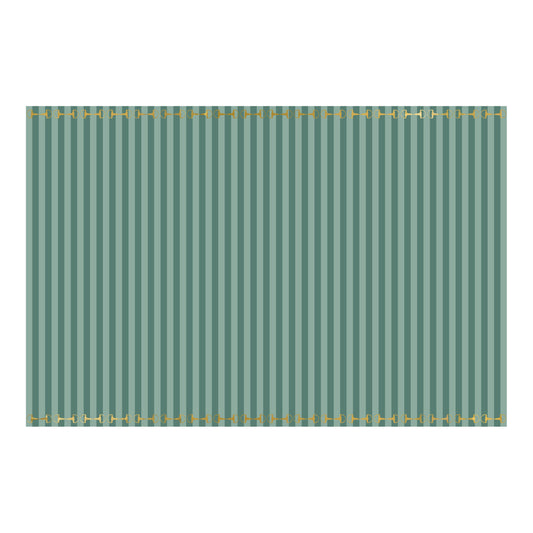 Green striped tblecloth with gold stirrups on a white background