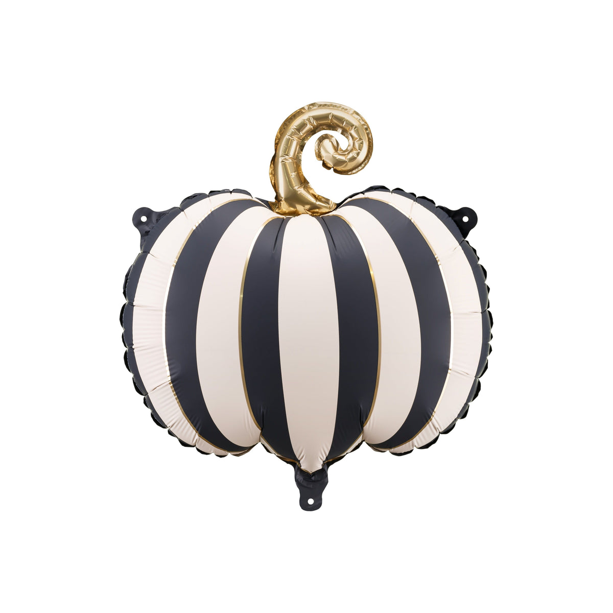 Black and white striped balloon shaped like a pumpkin with a gold stem on a white background