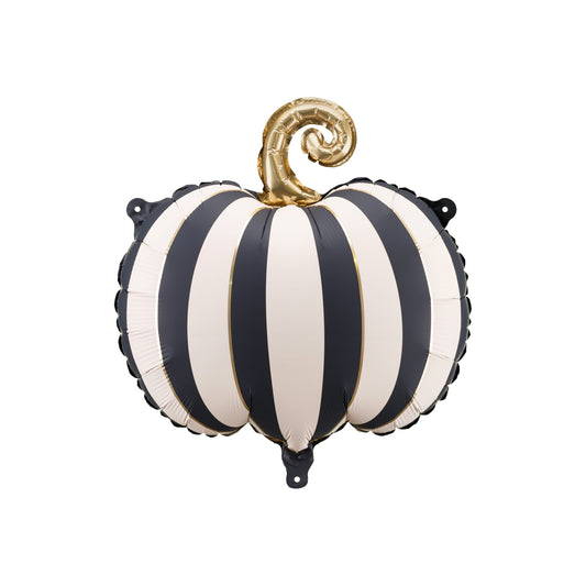 Black and white striped balloon shaped like a pumpkin with a gold stem on a white background