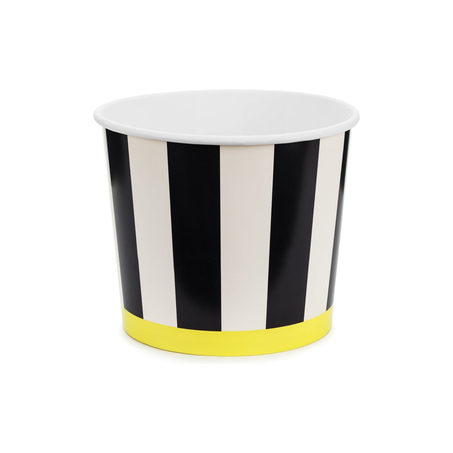Black and white striped cup with a yellow base on a white background
