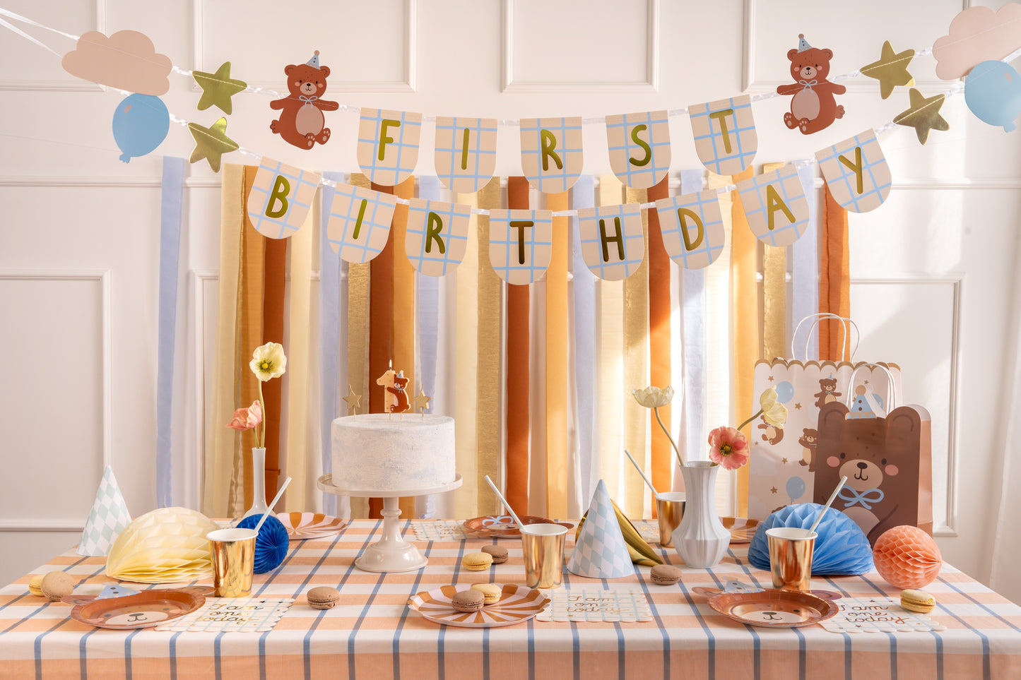 First birthday party banner featuring teddy bears, balloons, and stars, great for baby celebrations