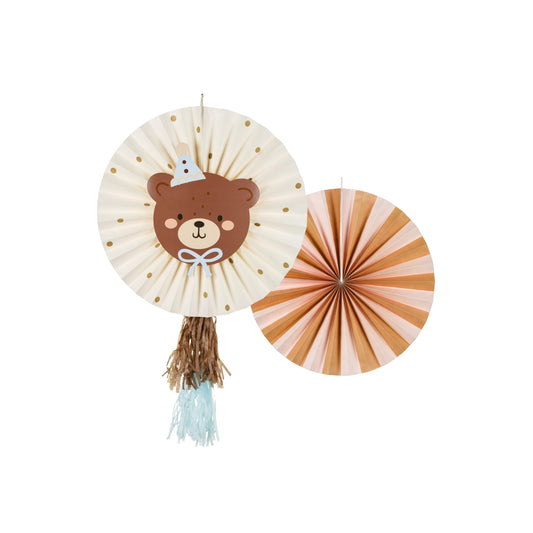 Decorative paper fans with a bear design on a white background