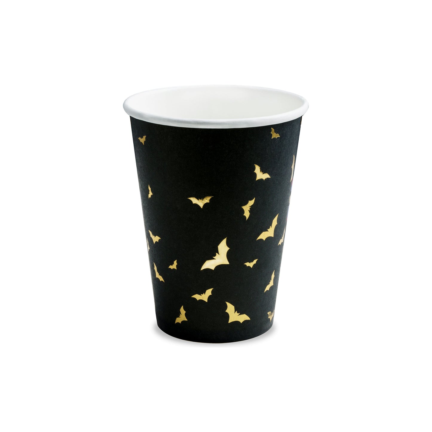 Black paper cup with gold bat patterns on a white background