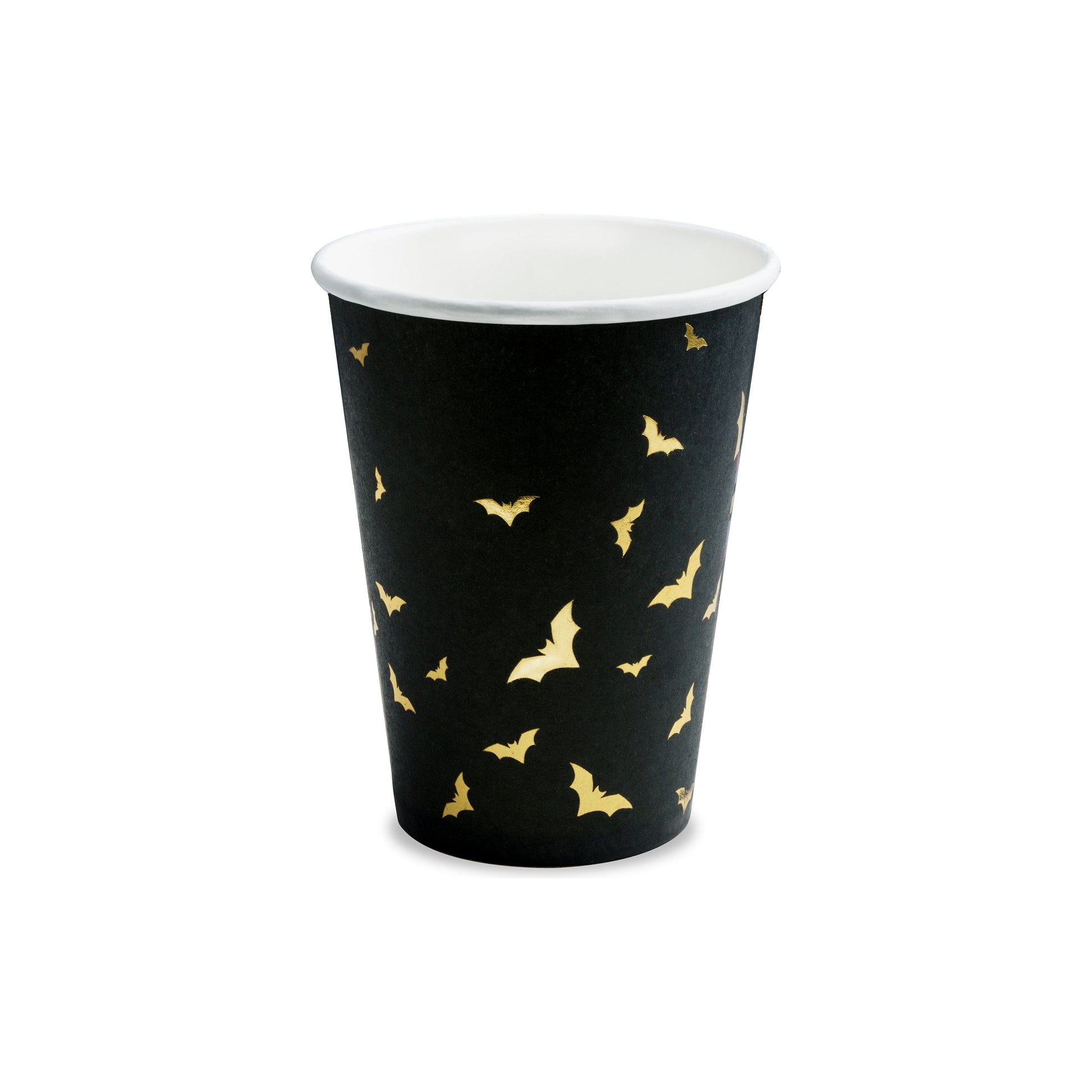 Black paper cup with gold bat patterns on a white background