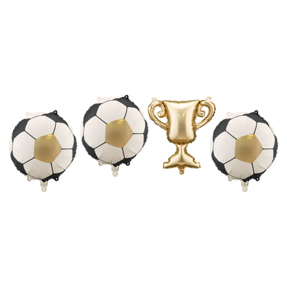 Three balloons shaped like soccer balls and a gold trophy on a white background