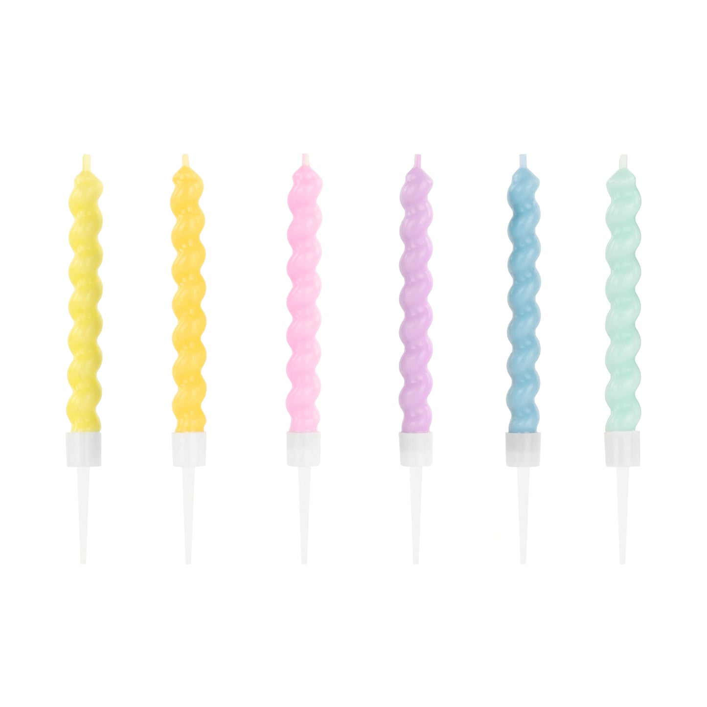 Set of six pastel-colored spiral candles on a white background