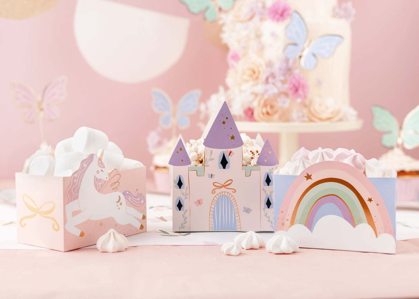 Unicorn party snack boxes – rainbow, castle, and unicorn-themed containers