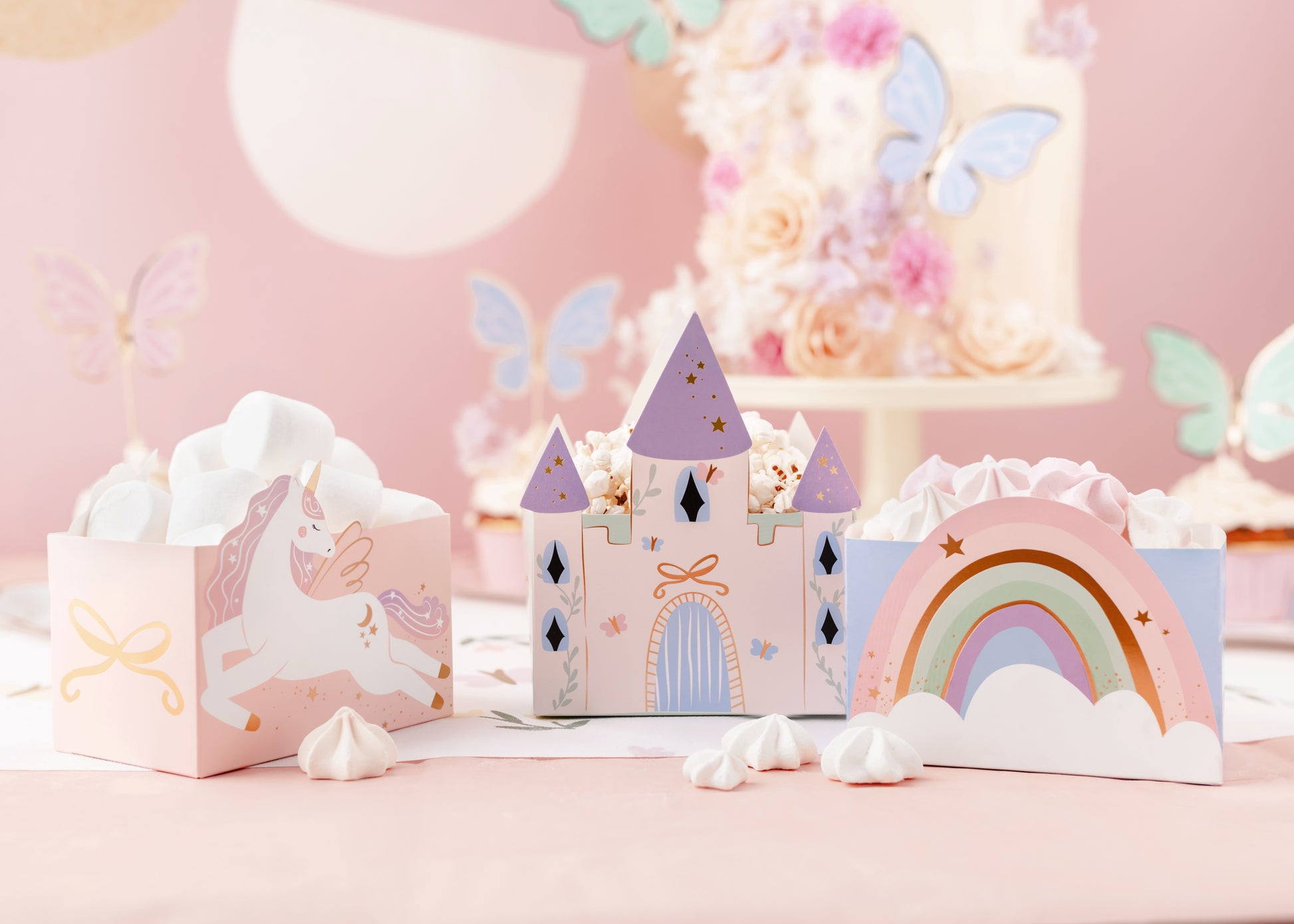 Unicorn party snack boxes – rainbow, castle, and unicorn-themed containers