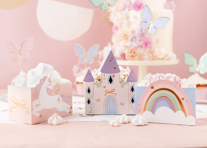 Unicorn party snack boxes – rainbow, castle, and unicorn-themed containers