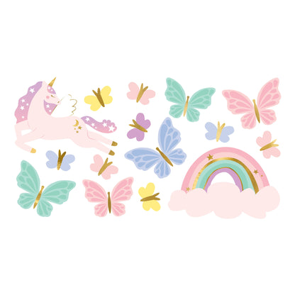 Pastel-colored unicorn temporary tattoos, rainbow, and butterflies on a white background