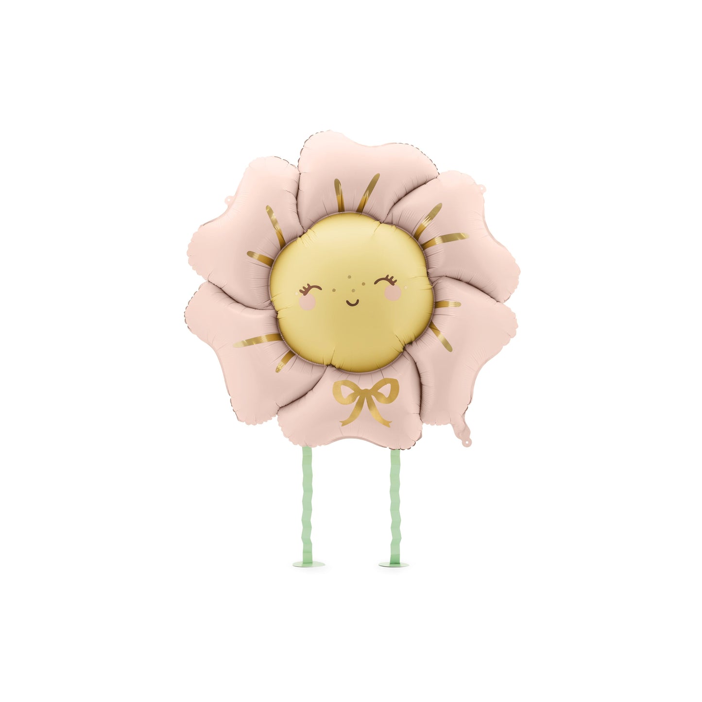 Floral foil balloon with a smiling face on a white background