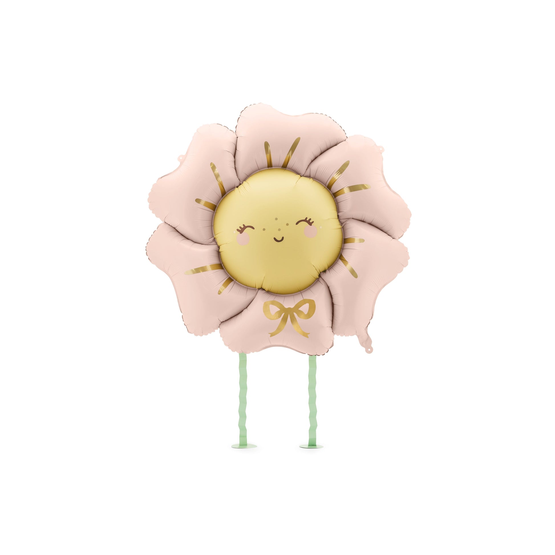 Floral foil balloon with a smiling face on a white background