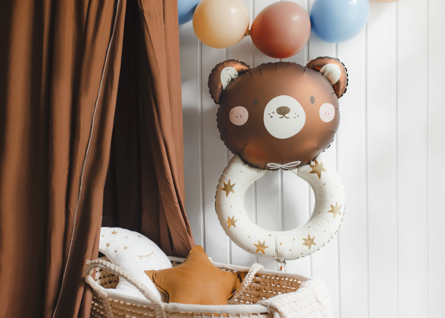 Teddy bear rattle foil balloon with golden stars – sweet decor for baby shower or christening