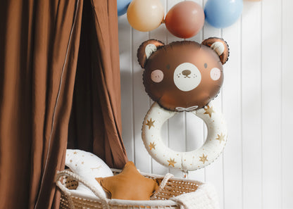 Teddy bear rattle foil balloon with golden stars – sweet decor for baby shower or christening
