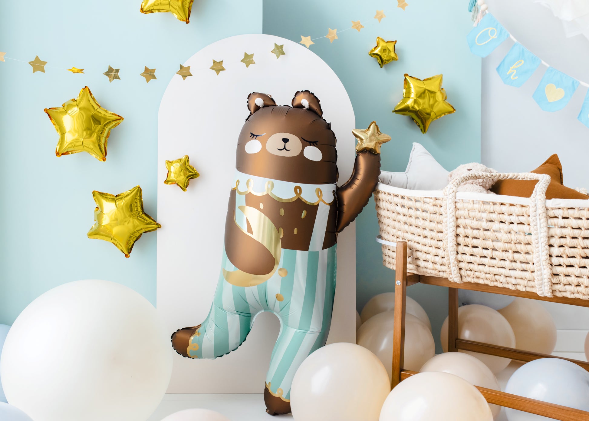 Foil balloon bear in pajamas with moon and star – cute accent for baby shower or first birthday