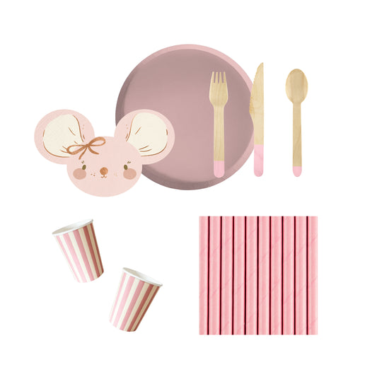 Pink party supplies including plates, cups, and cutlery on a white background