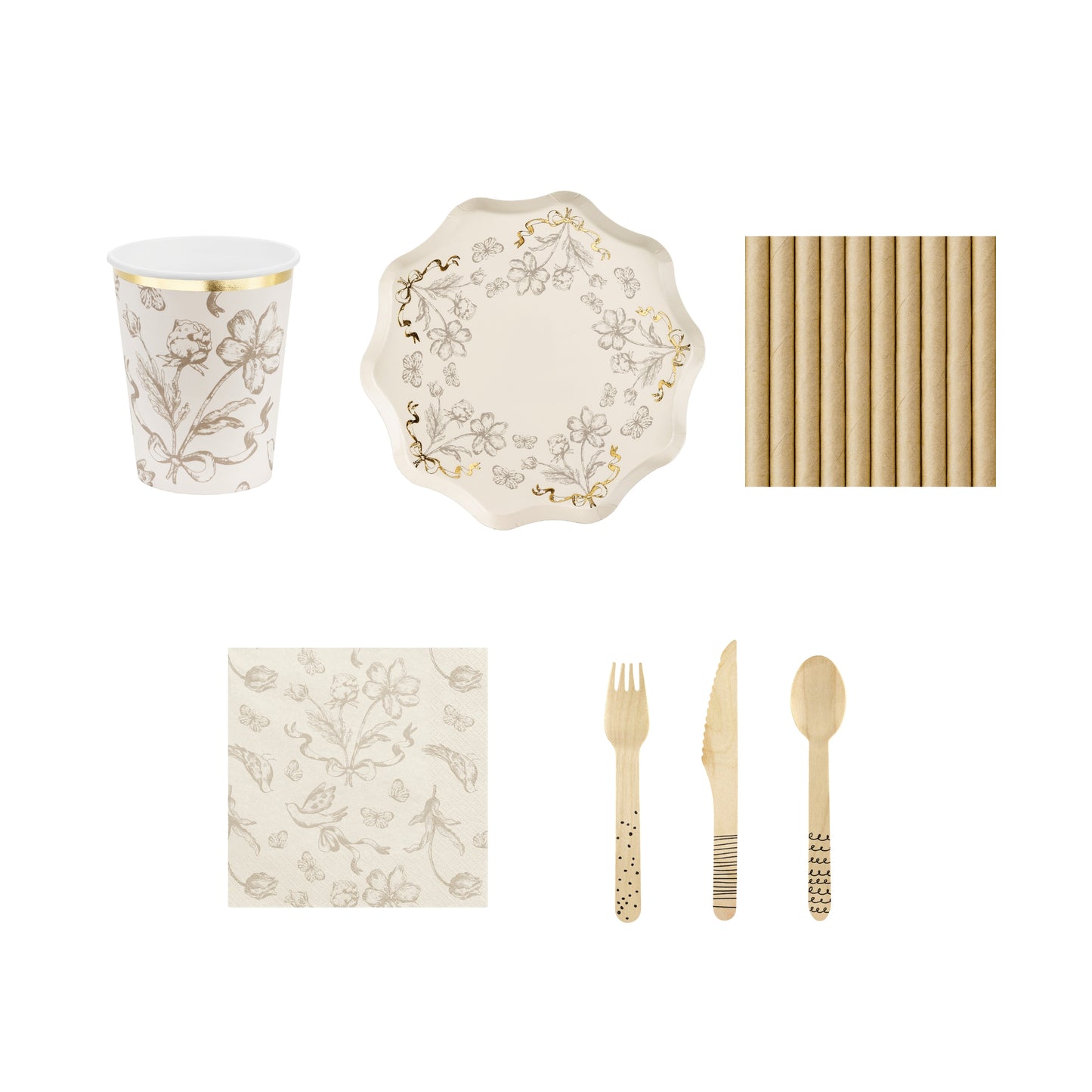 Set of paper cups, plates, napkins, and cutlery with floral patterns on a white background