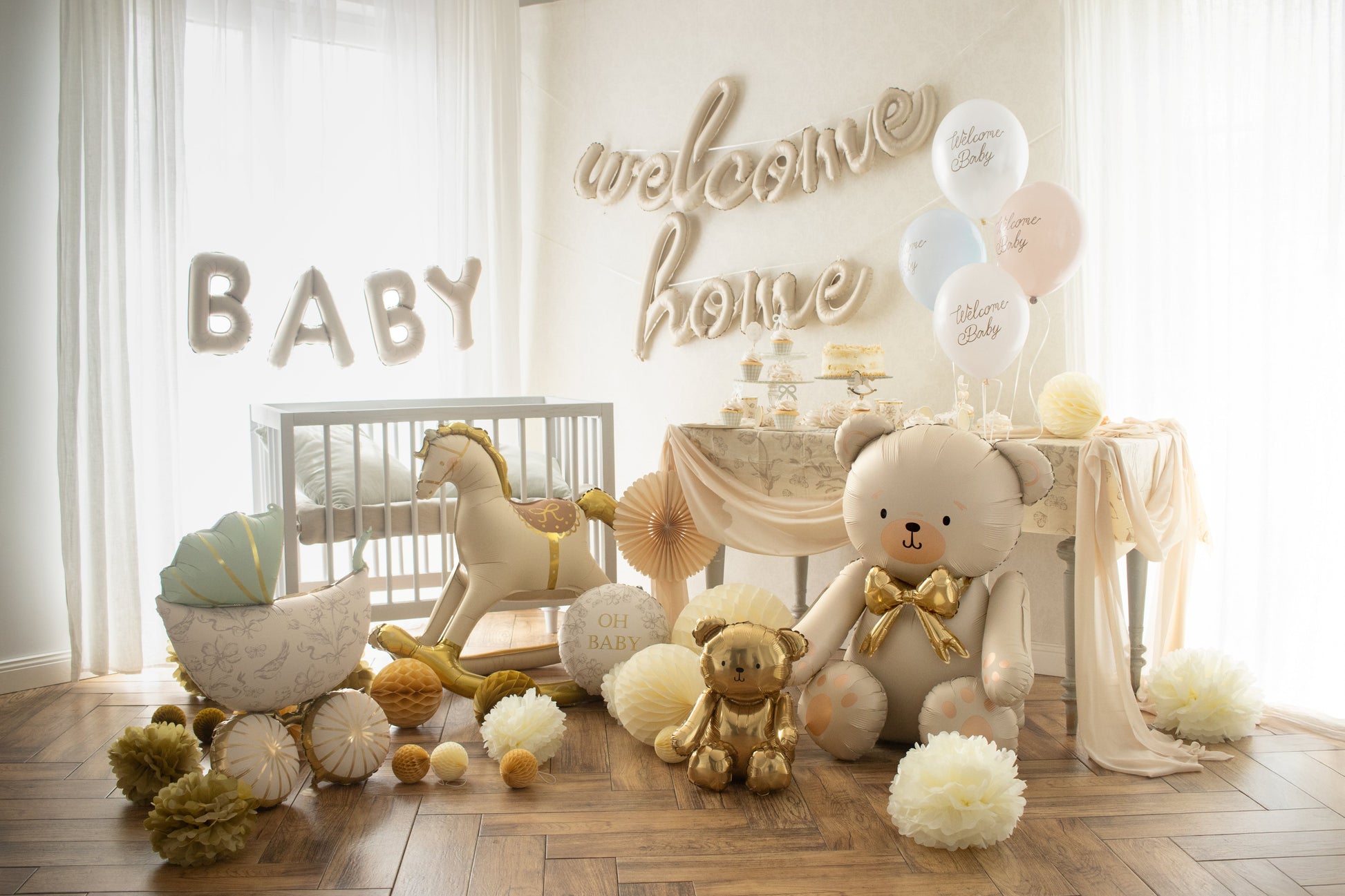 Nursery room with toys, crib, and decorative elements.