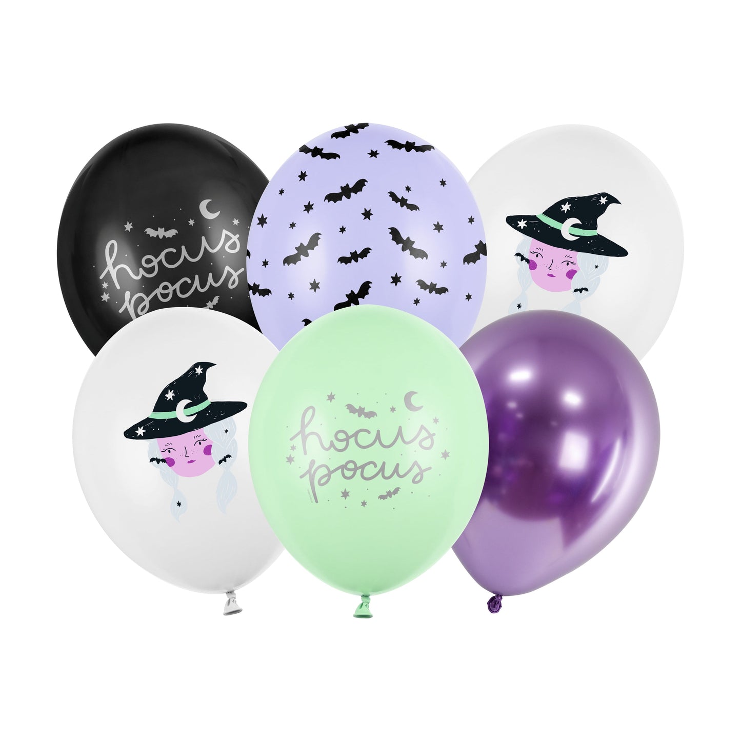 Halloween-themed balloons with witch hats and 'hocus pocus' text on a white background