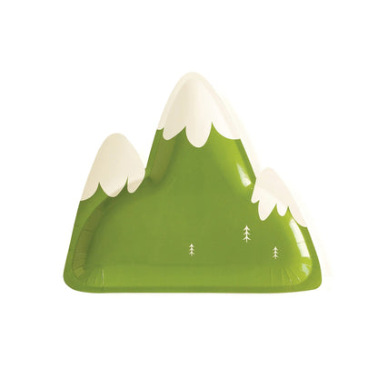 Green mountain-shaped paper plate with white peaks on a white background