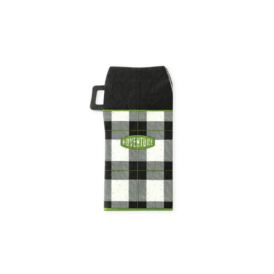 Black and white checkered thermos napkin with a green 'Adventure' label on a white background