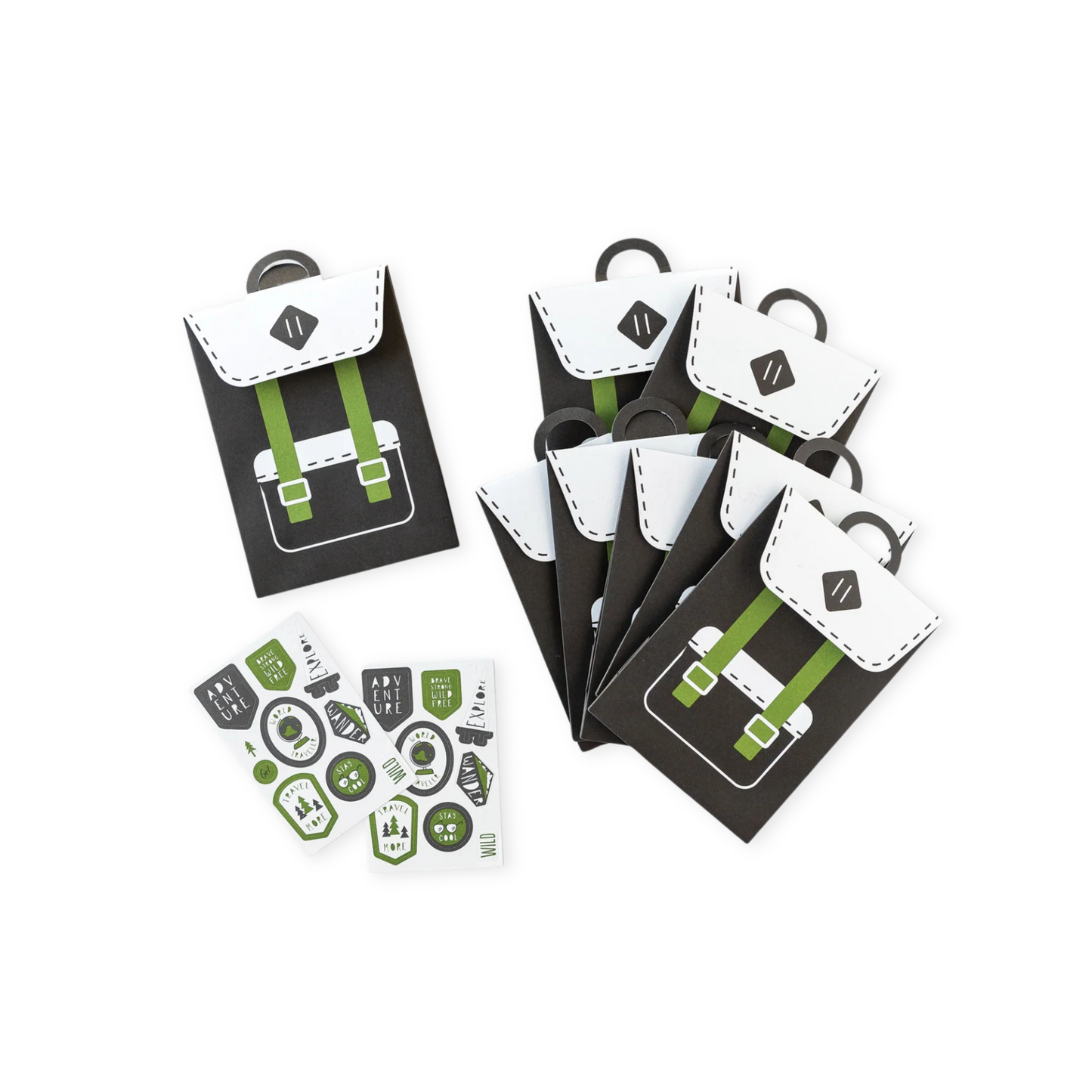 Packaging of small bags with green straps and a set of stickers on a white background