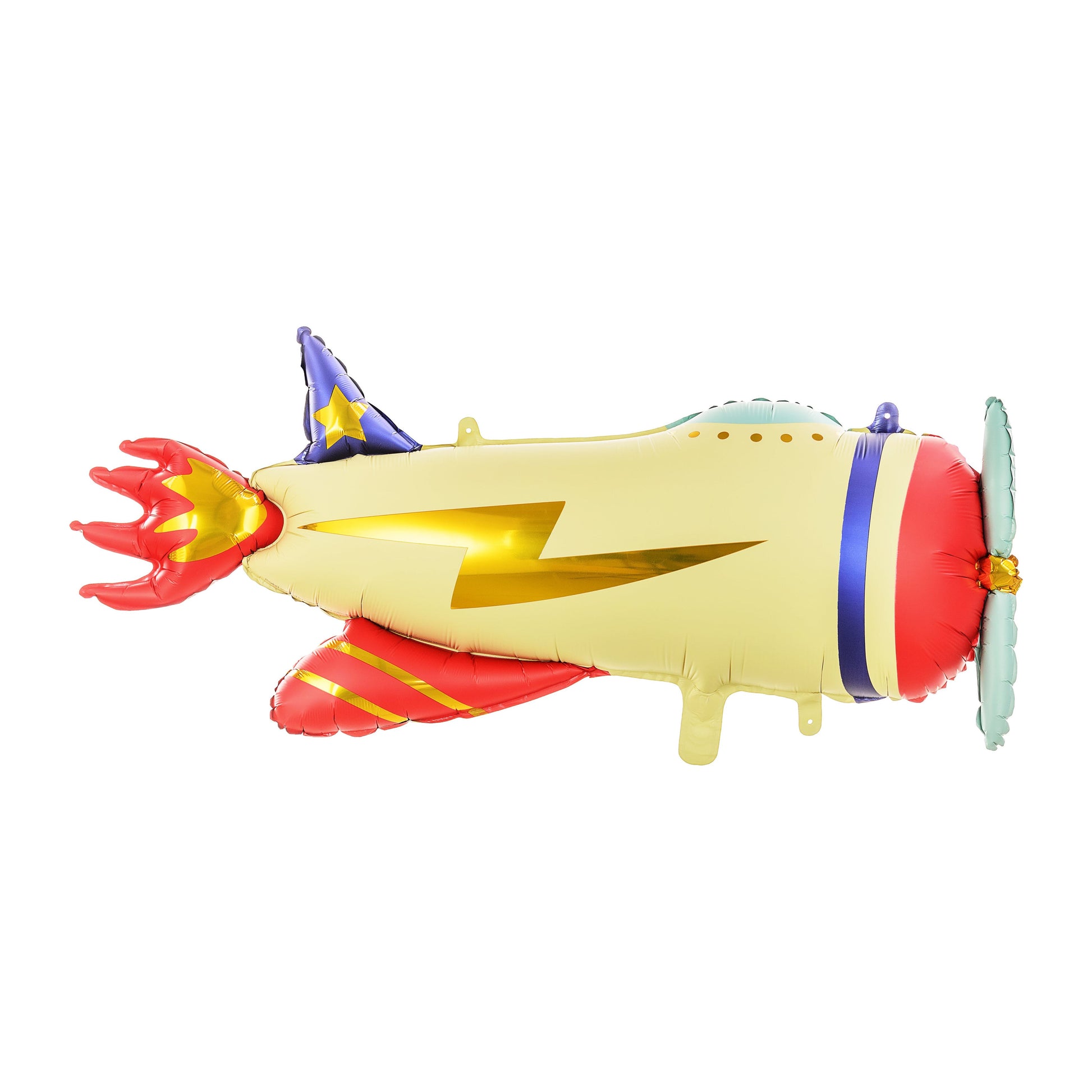 Foil balloon shaped like a colorful rocket with shiny golden details.

