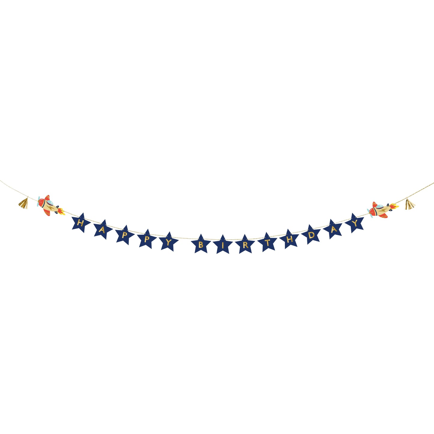 Birthday banner with "Happy Birthday" text on navy blue stars, decorated with rocket illustrations.
