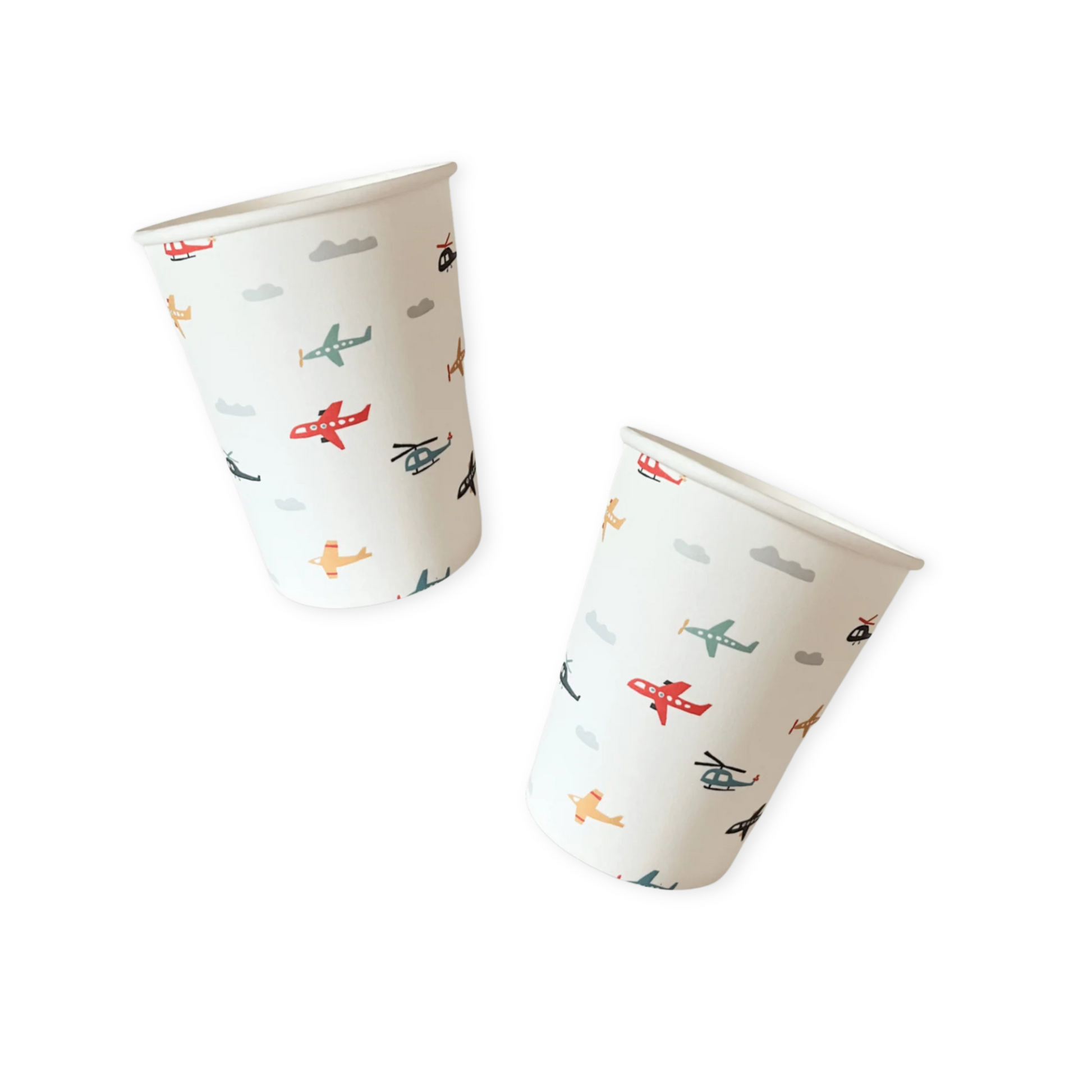 Two paper cups with airplane pattern on a white background
