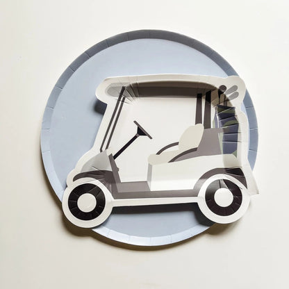 Paper plate with a golf cart design on a light gray background