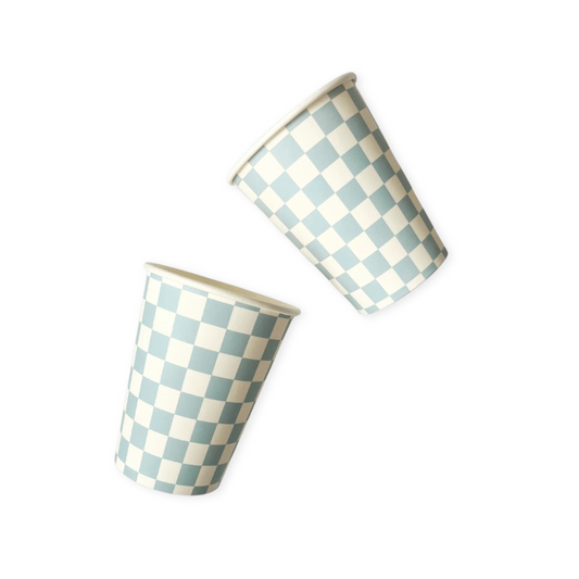 Two checkered paper cups on a white background