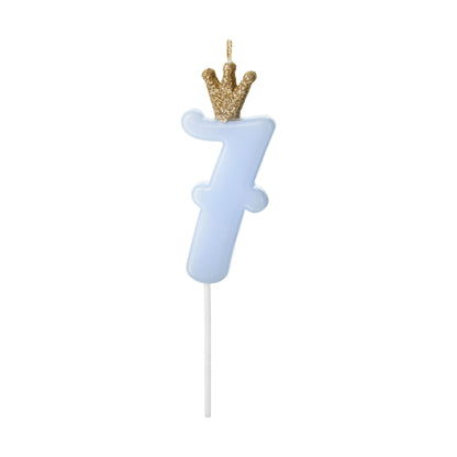 Blue Number 7 Candle with Gold Crown