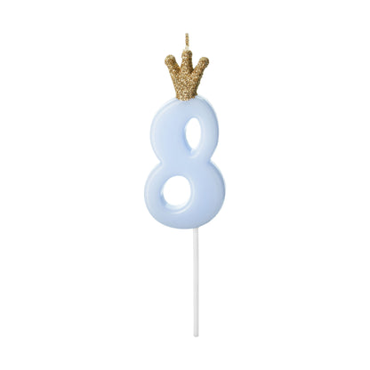 Blue Number 8 Candle with Gold Crown