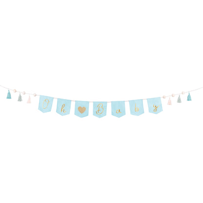 Oh Baby banner in blue with tassels – baby boy welcome party decoration