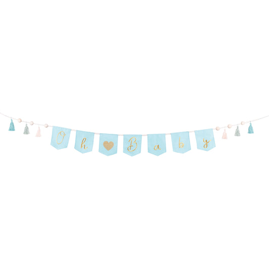 Oh Baby banner in blue with tassels – baby boy welcome party decoration