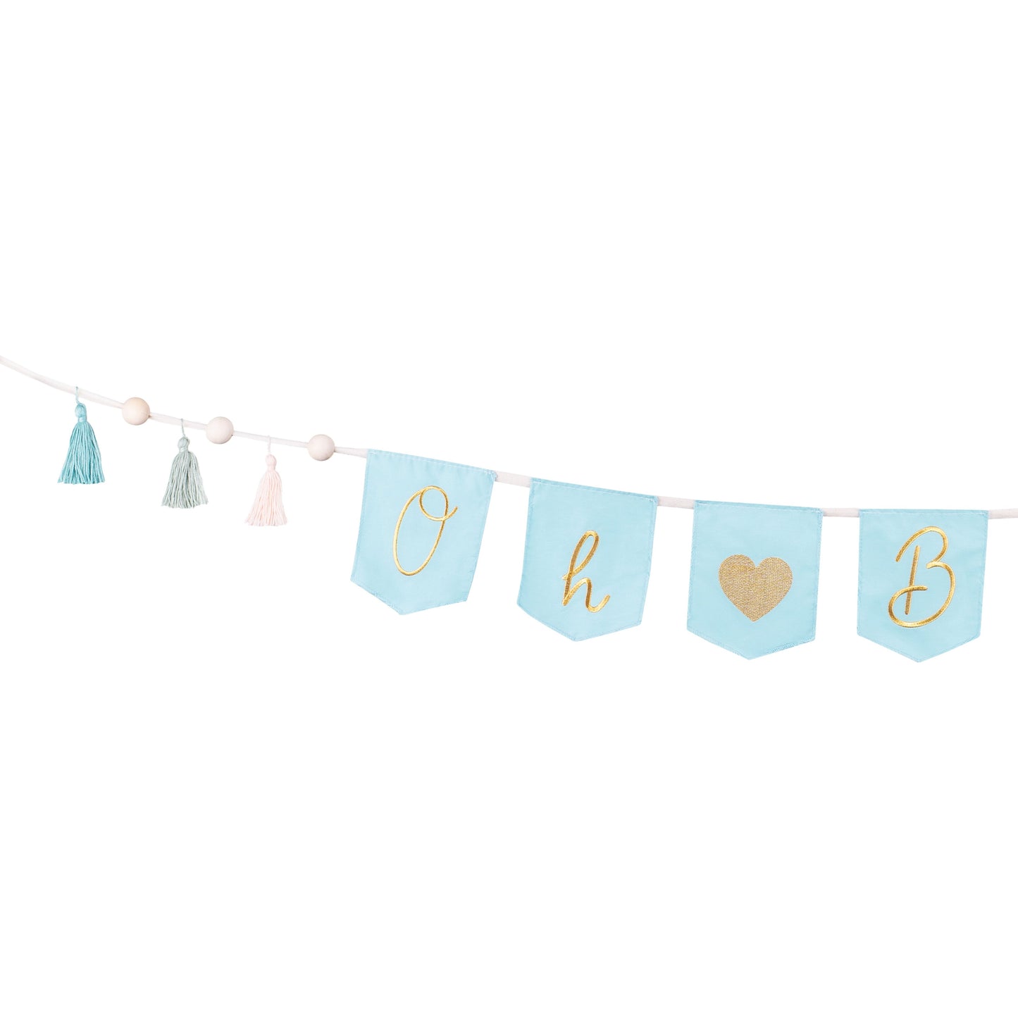 Oh Baby banner in blue with tassels – baby boy welcome party decoration