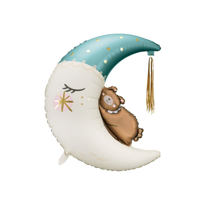 Blue moon foil balloon with teddy bear – Welcome to the World baby shower decoration