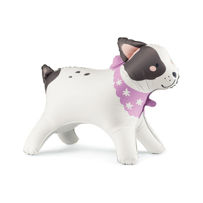 Bulldog-shaped standing foil balloon with black and white spots and purple floral collar, perfect for dog-themed birthday parties and decorations