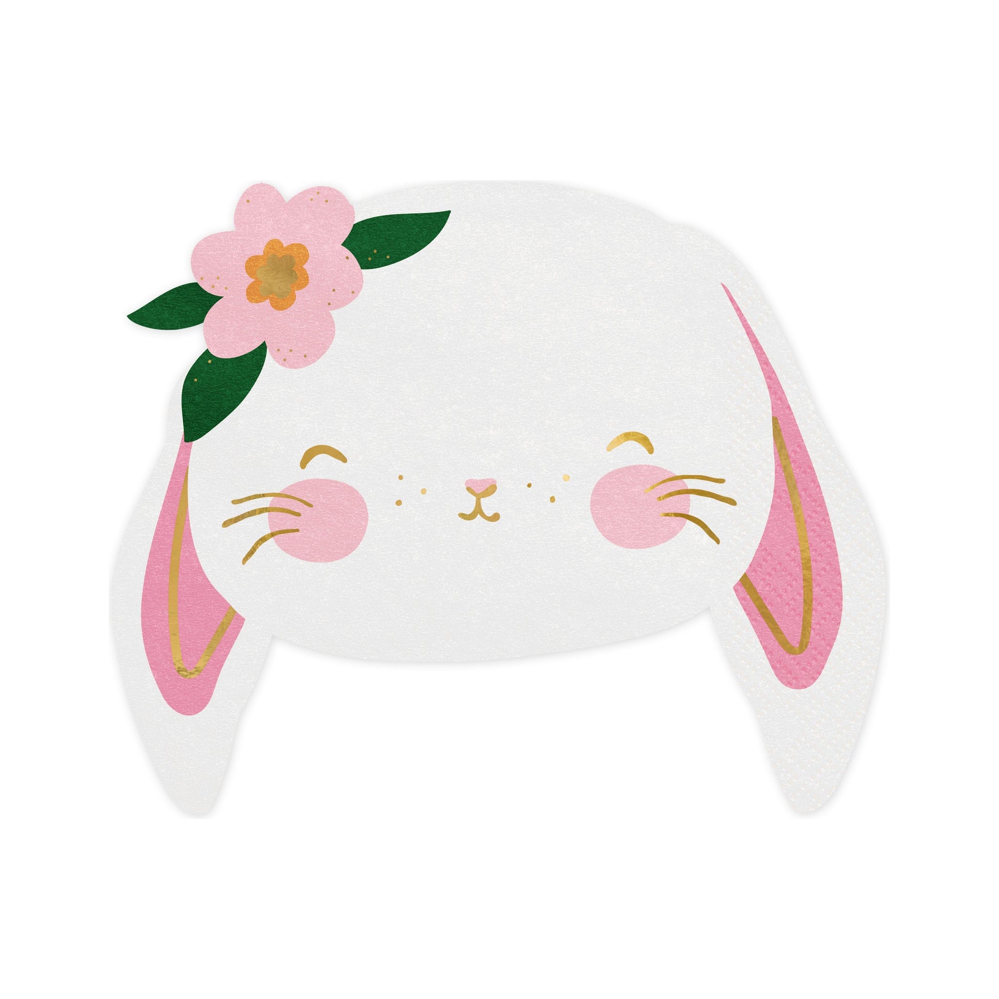 White bunny-shaped paper napkin with pink cheeks and a flower on the ear, perfect for kids’ party table setting
