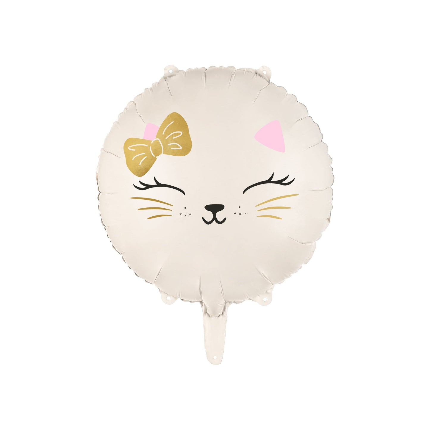 Cute cat face foil balloon with gold bow and whiskers, perfect for a kitty-themed birthday party or celebration.