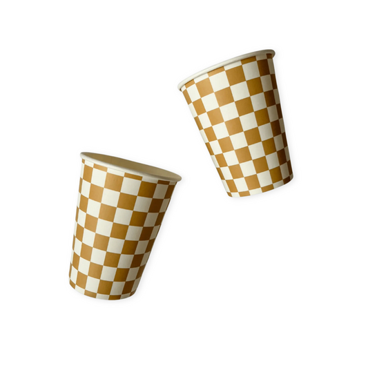 Two paper cups with a checkered pattern on a white background