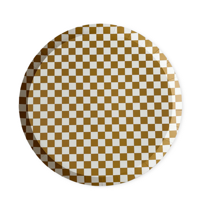 Round plate with gold and white checkered pattern on a white background