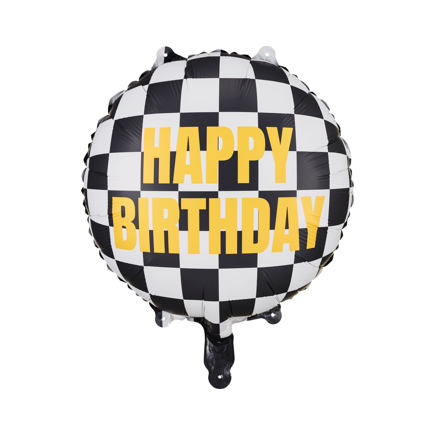 Foil balloon with checkered pattern and "Happy Birthday" text.