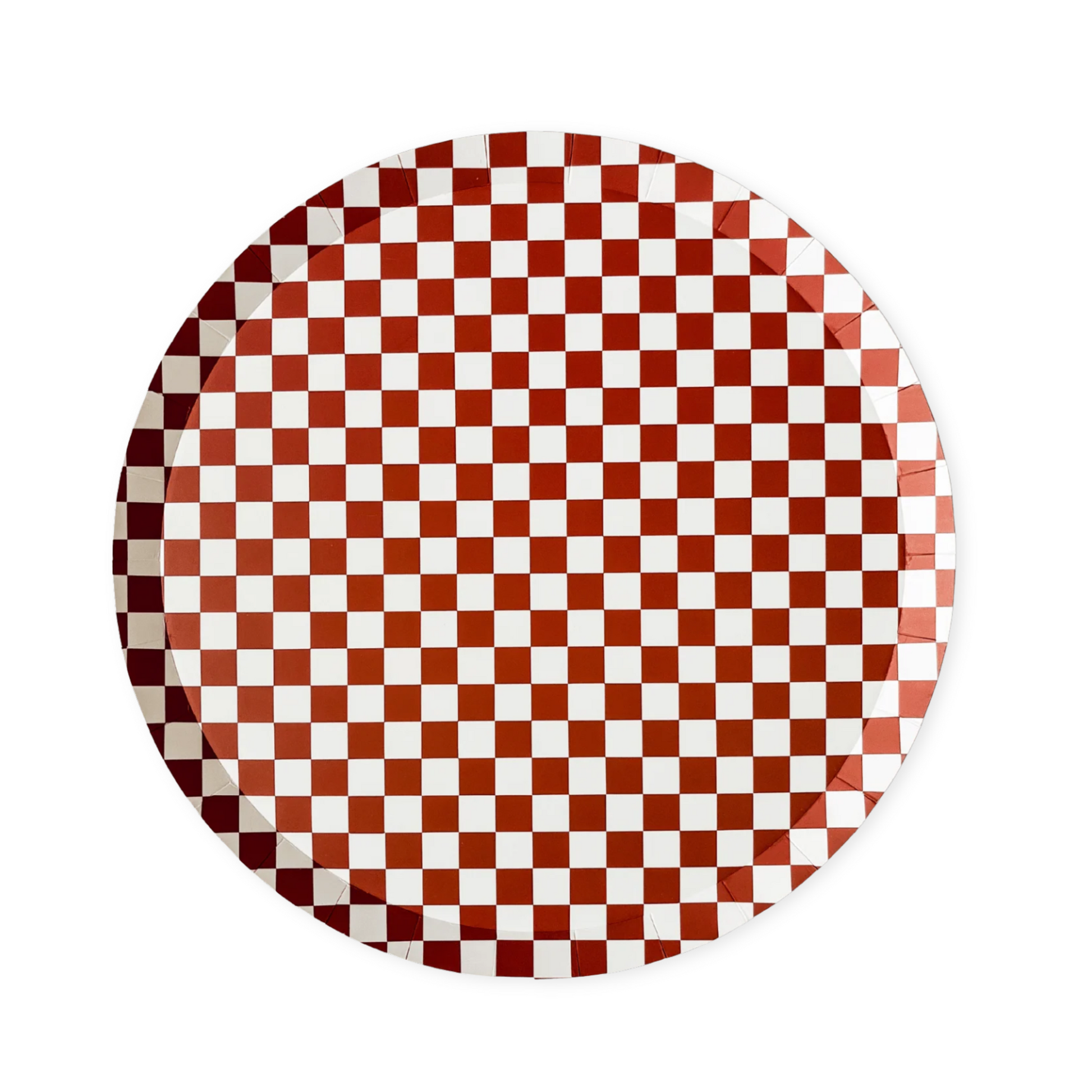Round paper plate with red and white checkered pattern on a white background